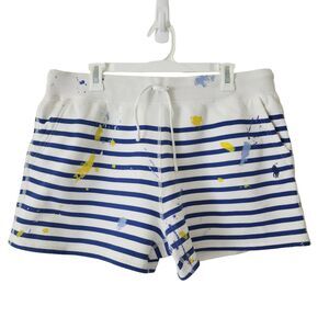 Authentic Polo Ralph Lauren Paint Splatter Print Fleece Shorts White Blue Size L